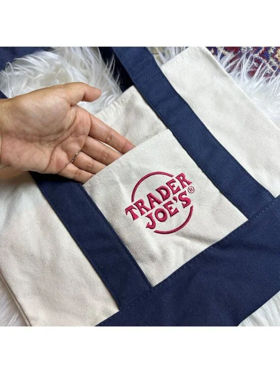 NWT Trader Joes Navy Blue Mini Canvas Tote Bag Reusable Ecofriendly Market 866 - Picture 7 of 9